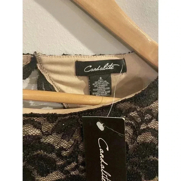 Vintage Black Mini Dress Lace Nude Cocktail Party Fitted Bodycon Midi Sparkle - Picture 2 of 5